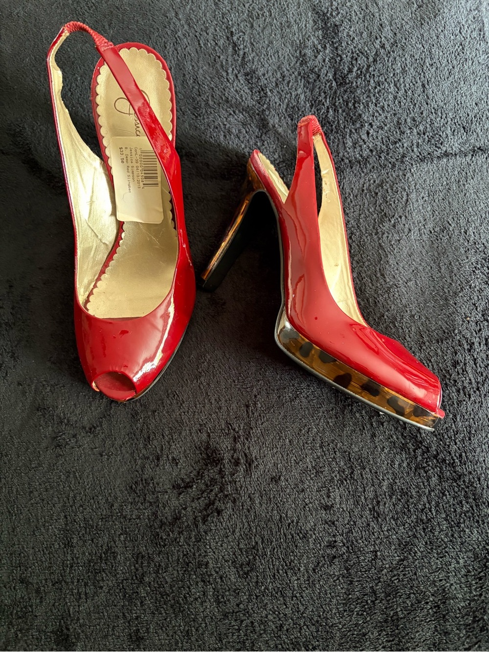 Jessica Simpson Red Patent Peep-Toe Slingback Heels